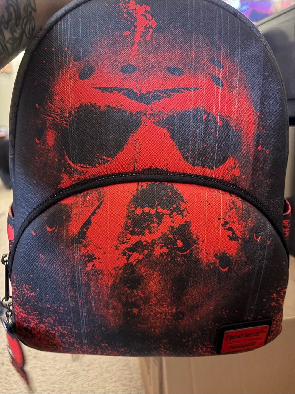 Loungefly Black and Red Friday the 13th Distressed Mask Graphic Backpack